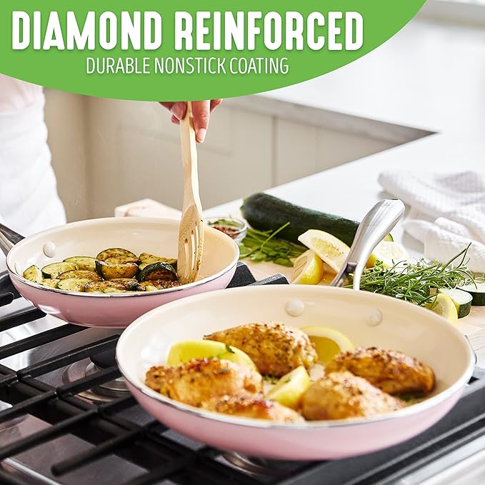 GreenLife Artisan Healthy Ceramic Nonstick, 8" and 10" Frying Pan Skillet Set, Stainless Steel Handle, PFAS-Free, Dishwasher Safe, Oven Safe, Soft Pink