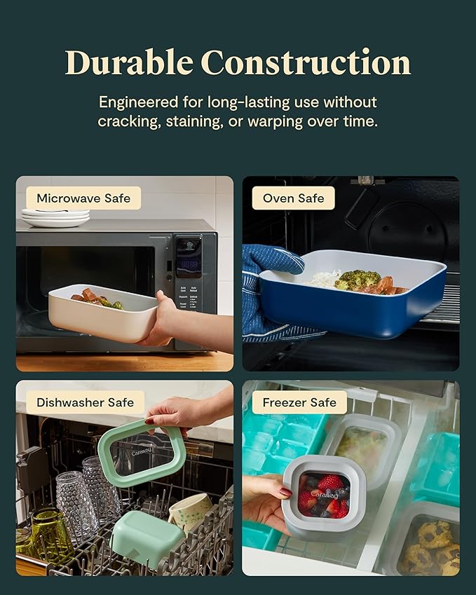 Caraway Glass Food Storage - 6.6 Cup Glass Container - Ceramic Coated Food Container - Non Toxic, Non Stick Lunch Box Container with Lids - Dishwasher, Oven, & Microwave Safe - Sage