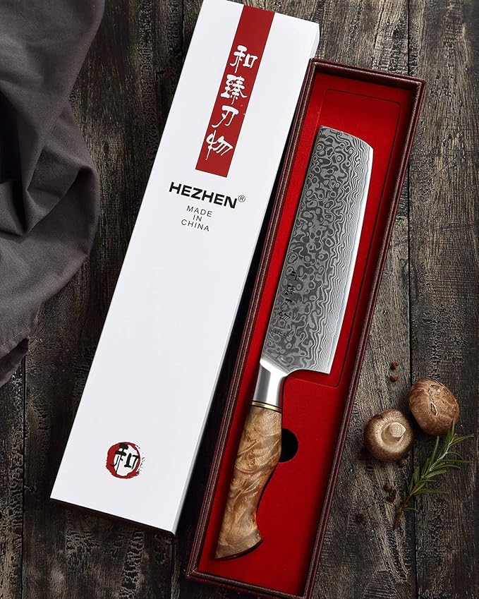 HEZHEN 7 inch Nakiri Knife Japanese High Carbon Steel-Super Durable Cooking Knife-67 Layers of Damascus Steel Sharp Blade -Ergonomic Design for Figured Sycamore Wood Handle