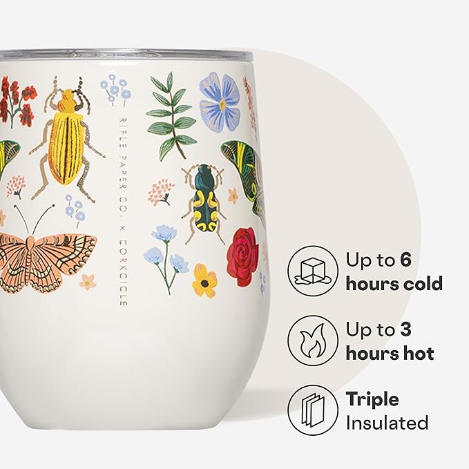 Corkcicle Stemless Insulated Wine Glass Tumbler - Keeps Beverages Cold 6 Hrs Hot 3 Hrs - Stainless Steel - Easy-Grip - Gift for Mom - Great for Mother's Day or Christmas - 12 oz - Curio Cream