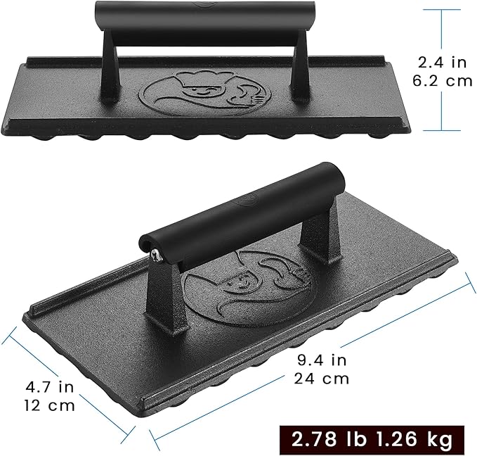 3lb Cast Iron Grill Press, Heavy Duty Smash Burger Press for Griddle Heat Resistant Handle, Burger Smasher, Hamburger Press, Grill Press for Griddle, Bacon Press Meat Press, BBQ Grill Accessories