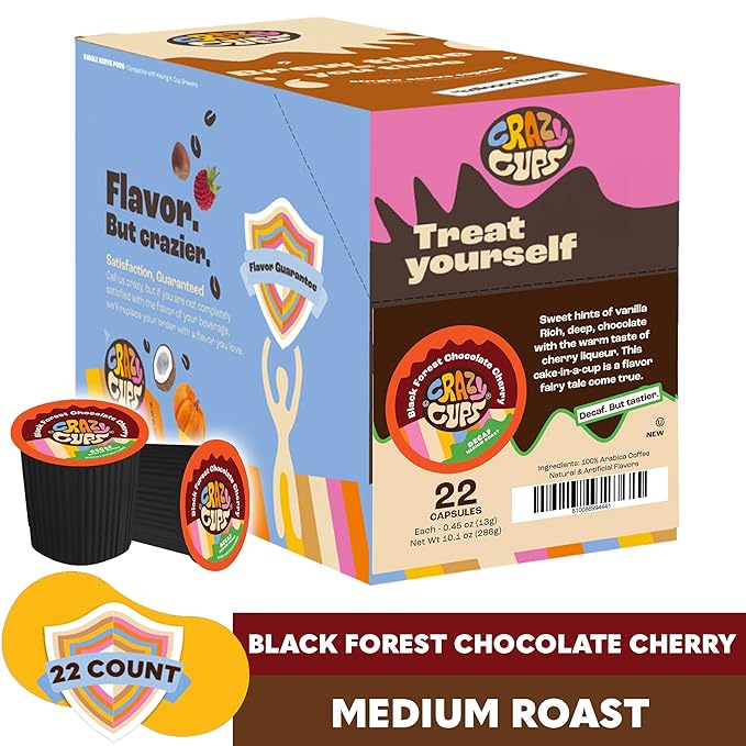 Crazy Cups Decaf Black Forest Chocolate Cherry Coffee Pods, Decaf Flavored Coffee Pods In Single Serve Cups Compatible With Keurig K Cups Machine(Pack of 1, 22 Count Total)