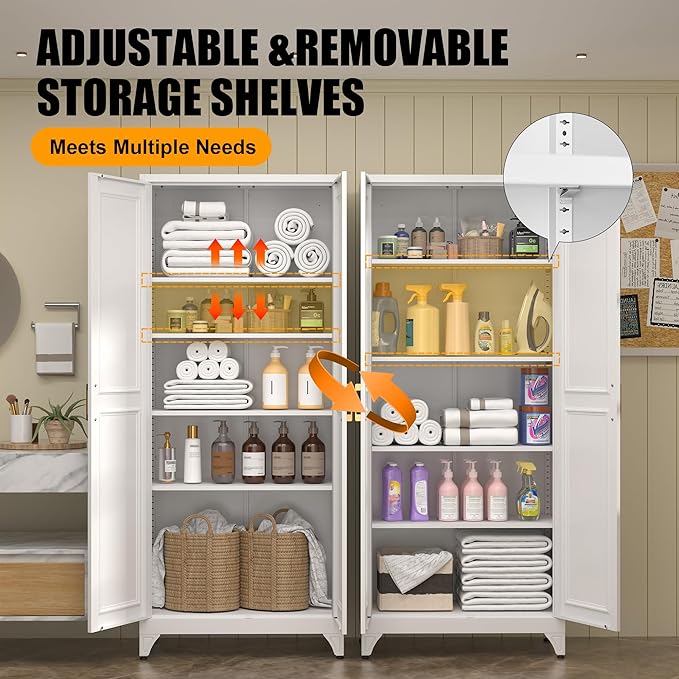 Kitchen Pantry Storage Cabinets, 75" Tall Metal Storage Cabinet with Doors and 4 Shelves, White Pantry Cabinet, Utility Kitchen Cupboard, Large Steel Cabinets for Dining, Office, Living Room