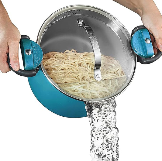 Gotham Steel 5 Quart Stock Pot Ceramic Multipurpose Pasta Pot with Strainer Lid & Twist and Lock Handles, Tempered Glass Lid, Dishwasher Safe, Aqua Blue