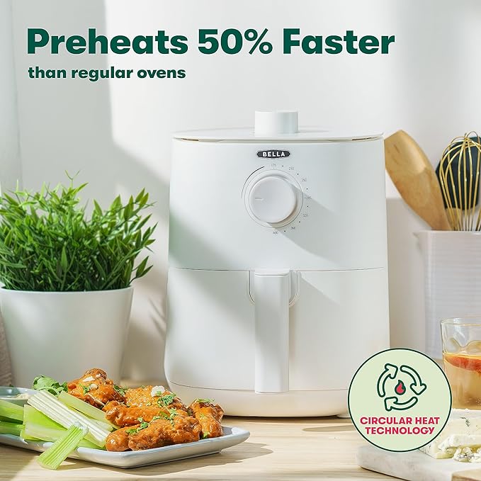 BELLA 2.9QT Manual Air Fryer, No Pre-Heat Needed, No-Oil Frying, Fast Healthy Evenly Cooked Meal Every Time, Removeable Dishwasher Safe Non Stick Pan and Crisping Tray for Easy Clean Up, Matte White