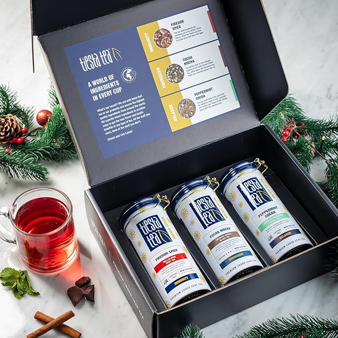 Tiesta Tea - Holiday Loose Leaf Tin Gift Box, High to Non Caffeinated Tea Variety Pack, Make Hot & Iced, 3 Tins of Assorted Holiday Blends, Fireside Spice, Peppermint Cocoa & Cocoa Mocha