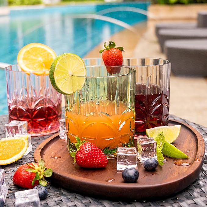 BELLAFORTE Shatterproof Tritan Plastic Short Tumbler, Set of 4, 13oz - Myrtle Beach Unbreakable Crystal Cut Old Fashioned Drinking Glasses for Whiskey - BPA Free - Dishwasher Safe - Green