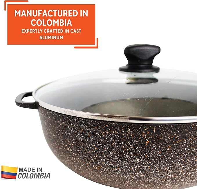 IMUSA 7qt Fuzion Cast Aluminum Bronze Speckled Nonstick Caldero with Glass Lid, Black - 30cm