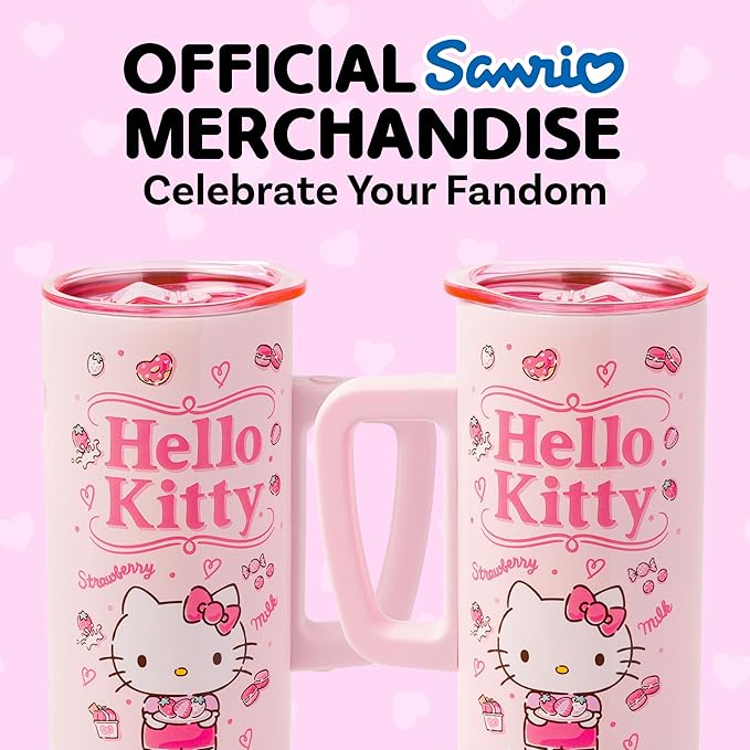 Silver Buffalo Sanrio Hello Kitty Strawberry Milk Double Wall Stainless Steel Travel Mug With Handle, 15 Ounces