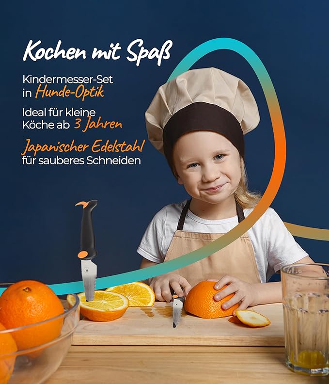 Kuhn Rikon Kinderkitchen® Kids Chef Knife Set 6", 2 Pieces, Black/Orange | Straight Edge & Serrated Knife | Cutting Tool Made for Real Cooking | Child Friendly Dog Design With Hand Guard For Safety