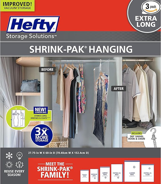Hefty Hanging Compression Bags 3 Extra Long Vacuum Garment Storage Bags for Clothes, Travel, Closet Organization (60 X 27 Inches) (X-Large)