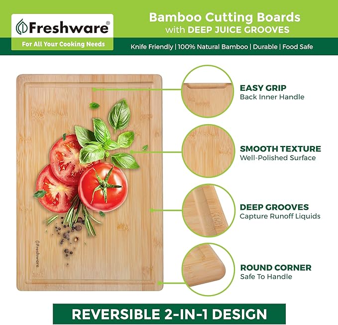 Freshware 20 Inch 2XL Bamboo Cutting Boards for Kitchen, Stove Top Butcher Block, Extra Large Wooden Carving Board for Meat, Veggies, Charcuterie Board with Deep Juice Grooves (2XL, 20x14")