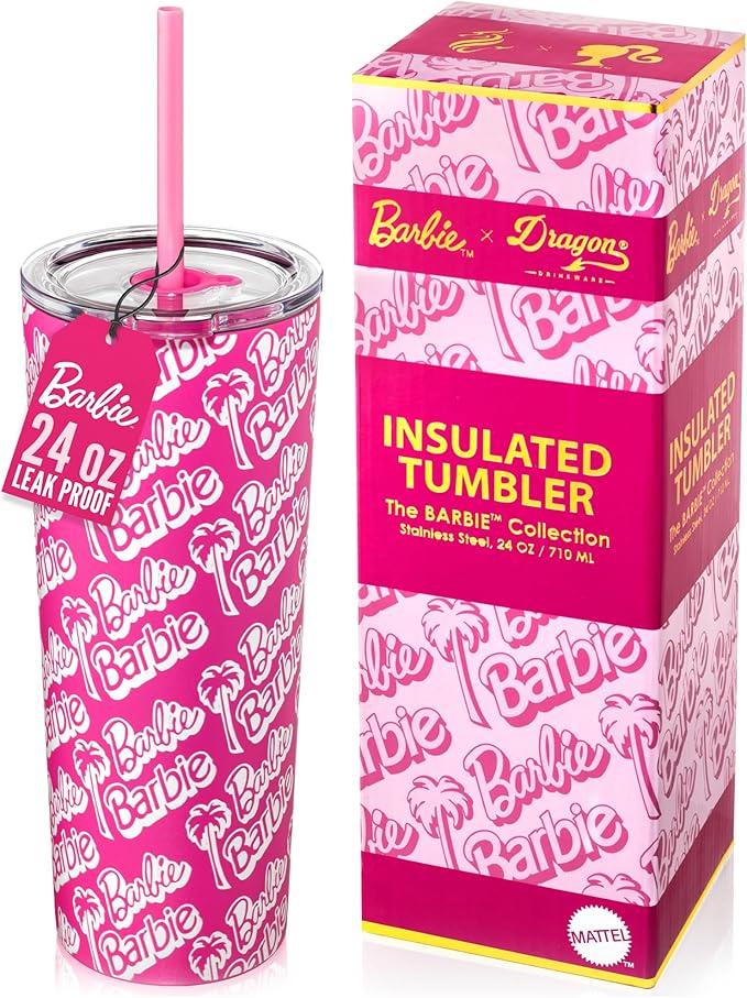 Dragon Glassware x Barbie 24 oz Insulated Stainless Steel Tumbler with Lid and 2 Straws - Travel Coffee Tumbler Cup to Keep Drinks Hot or Cold, Fits Cup Holders - Palm Trees