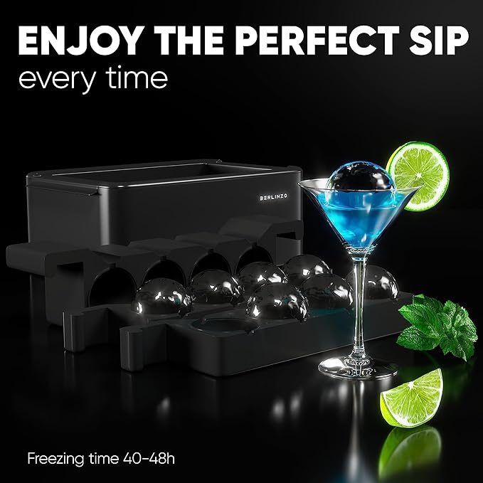 Berlinzo Premium Clear Ice Ball Maker Mold - 8 Large 2.4" Crystal Clear Ice Balls for Whiskey, Cocktails & Bourbon - Easy-to-Remove Mold for Ice Spheres - XL Storage Bag Included (Non-Electric)