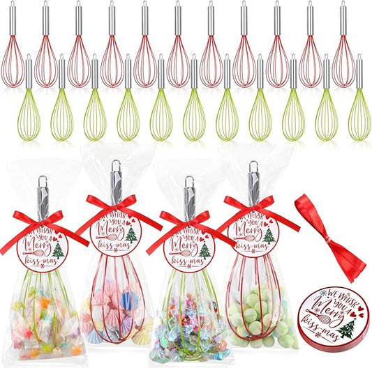 36 Sets 12 Inch Christmas Whisks Gifts DIY Fillable Christmas Tree Ornaments Xmas Colored Silicone Whisks for Cooking Heat Resistant Egg Beaters with Card Rope Bag for Candy Holder