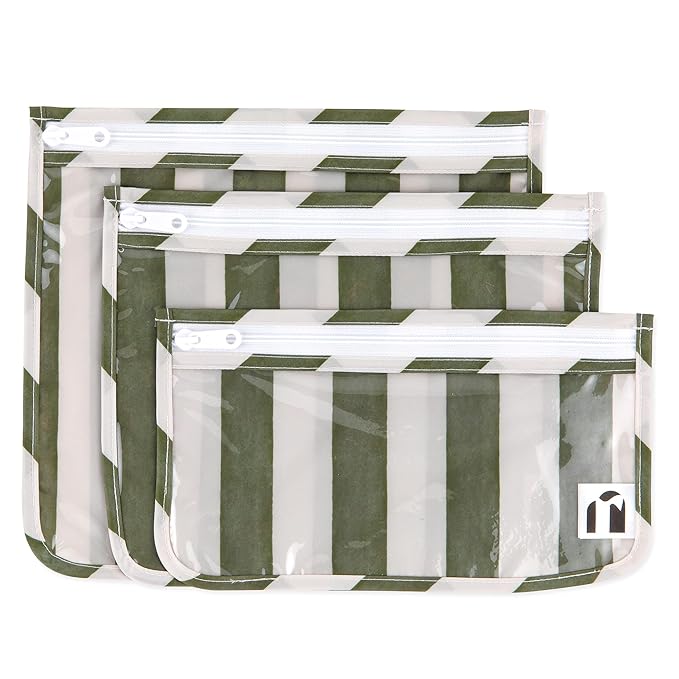 Roamio Travel Bag, Toiletry, TSA Approved Pouch, Zip Quart Size Airline Compliant, Clear-Sided, Baby, Diaper Bag Organization, Makeup, Accessories, Carry On Packing, Set of 3 Sizes, Green Stripe