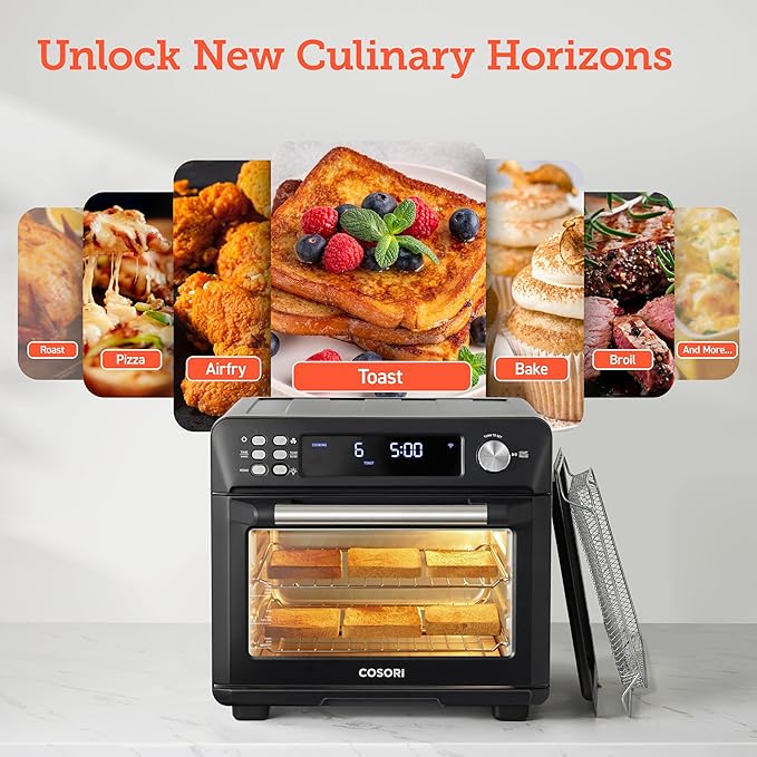 COSORI Smart 12-in-1 Air Fryer Toaster Oven Combo, Airfryer Convection Oven Countertop, Bake, Roast, Reheat, Broiler, Dehydrate, 75 Recipes & 3 Accessories, 26QT, Black-Stainless Steel