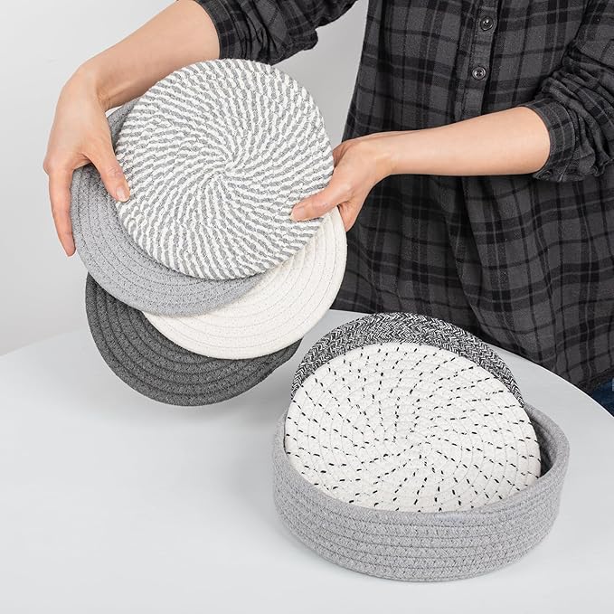 8" Trivets for Hot Dishes, Hot pots and Pans,6 Heat Resistant Hot Pads and Storage Basket 1 Pack,Pot Holders for Kitchen, Hot Plate Mats for Kitchen Countertops