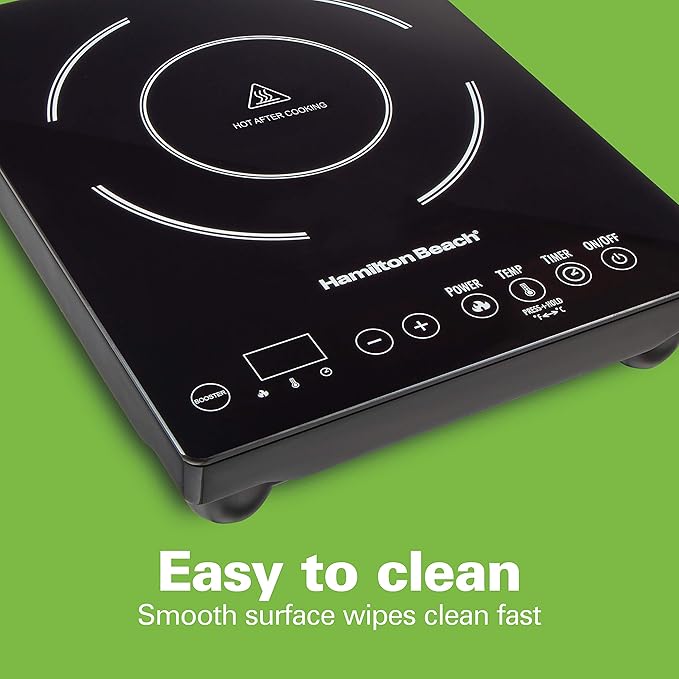 Hamilton Beach Portable Single Induction Cooktop Countertop Burner Hot Plate with Fast Heating Mode, 1800 Watts, 10 Temperature Settings up to 450F, Black (34104)