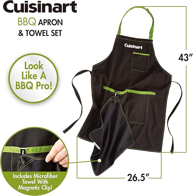 Cuisinart CFA-156 BBQ Apron and Magnetic Towel Set, Adjustable Grill Apron with Large Front Pockets
