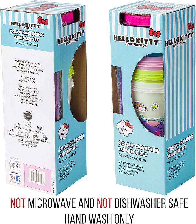 Silver Buffalo Sanrio Hello Kitty and Friends Sticker Design Featuring Kuromi, Keroppi, My Melody, and Hello Kitty 4 Pack Color Changing Plastic Tumbler Set with Glitter Straw, 24 Ounces