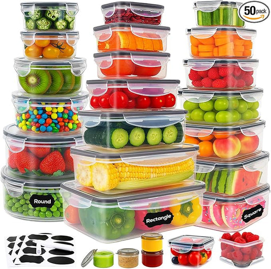 50 PCS Thicker Food Storage Containers with Lids, Clear Stackable Airtight Leakproof Reusable Plastic Meal Prep Container Set for Kitchen Storage/Lunch, Fridge/Microwave Safe with Labels&Pen