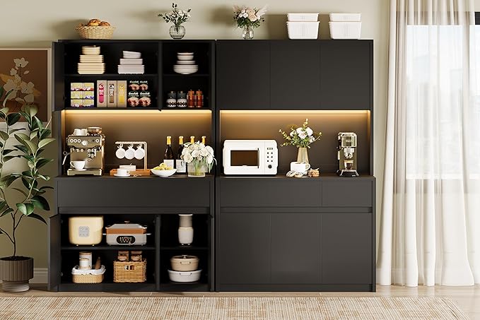 Garvee Kitchen Pantry Storage Cabinet, Tall Storage Cabinet with Doors and Shelves, Kitchen Storage Hutch with Microwave Stand, Led Lights and Charging Station, Corner Pantry Cabinet, Black