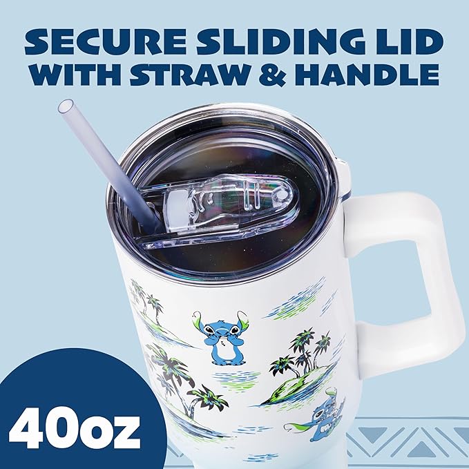 Silver Buffalo Disney Lilo and Stitch Vintage Sketch Palm Trees and Flowers Stainless Steel Tumbler with Handle and Straw, Fits in Standard Cup Holder, 40 Ounces