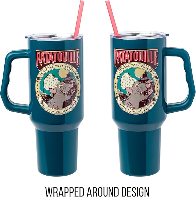 Silver Buffalo Disney Pixar Ratatouille Remy Let's Cook Together Stainless Steel Tumbler with Handle and Straw, Fits in Standard Cup Holder, 40 Ounces