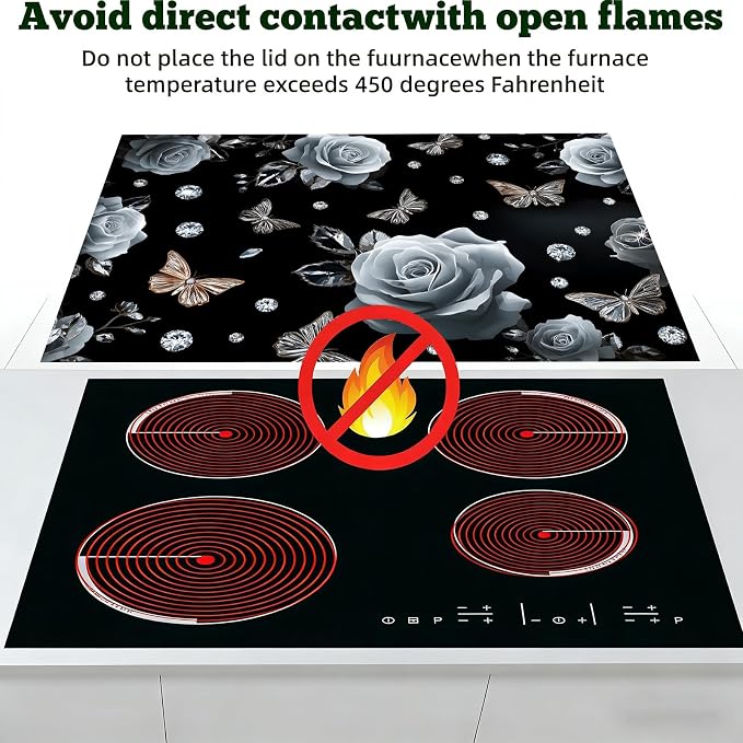 Black Rose Butterfly Stove Top Cover 28.3 x 20.5 Inches, Heat Resistant Glass - Image 3