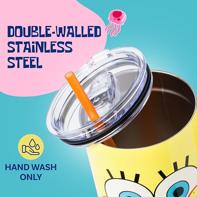 Silver Buffalo SpongeBob SquarePants Stainless Steel Tumbler with Handle, Fits in Standard Cup Holder, 40 Ounces