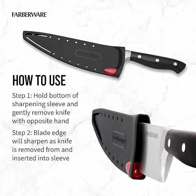 Farberware Edgekeeper 8-Inch Forged Triple Riveted Chef Knife with Self-Sharpening Blade Cover, High Carbon-Stainless Steel Kitchen Knife with Ergonomic Handle, Razor-Sharp Knife, Black