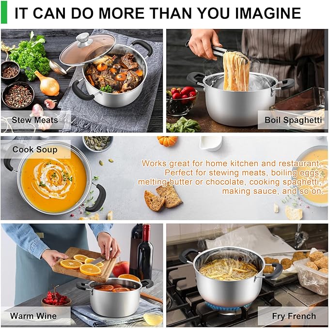 4 Quart Stock Pot with Lid, P&P CHEF Stainless Steel Cooking Pot Stockpot for Soup and Pasta, Heat-proof Handle & Glass Lid, Dishwasher Safe & Non Toxic