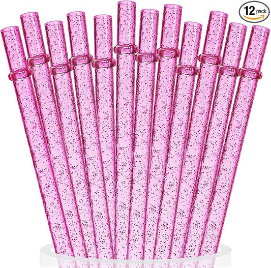 ALINK 12PCS Reusable Clear Pink Glitter Straws, 11" Long Hard Plastic Tumbler Drinking Straws with Cleaning Brush