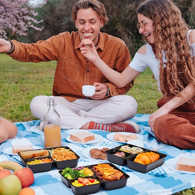 Glotoch 50 Pack (100-Piece) 34oz Meal Prep Containers Reusable with Lids 3-Compartment Containers Microwave, Freezer, Dishwasher Safe - Leakproof Durable To Go Take Out Plastic Food Storage