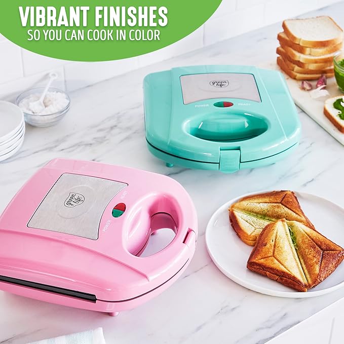 GreenLife Electric Waffle Sandwich Maker, Toaster, Panini Press with Healthy Ceramic Nonstick Plates, Perfect for Tuna Melts, Crispy Rice, Grilled Cheese, LED Indicator Light, PFAS-Free, Pink