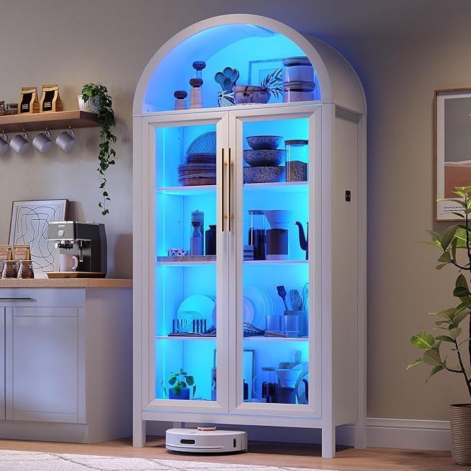 Arched Kitchen Pantry Cabinet with Glass Doors, Display Curio Case with 3 Color LED Lights for Collectibles, Modern 5-Tier Storage Hutch Cabinet, White