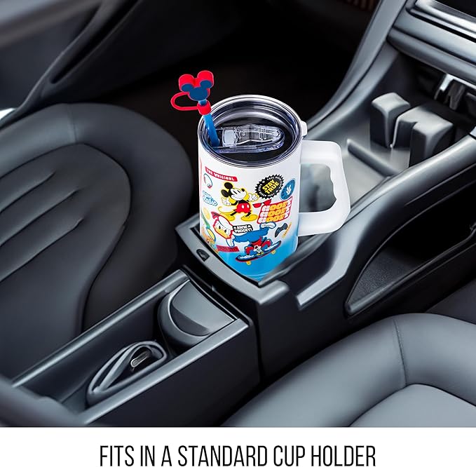 Silver Buffalo Disney Mickey and Friends Featuring Daisy, Donald Duck, Goofy, Pluto, Minnie Decals Stainless Steel Tumbler with Handle, Straw, and Straw Cap, Fits in Standard Cup Holder, 40 Ounces