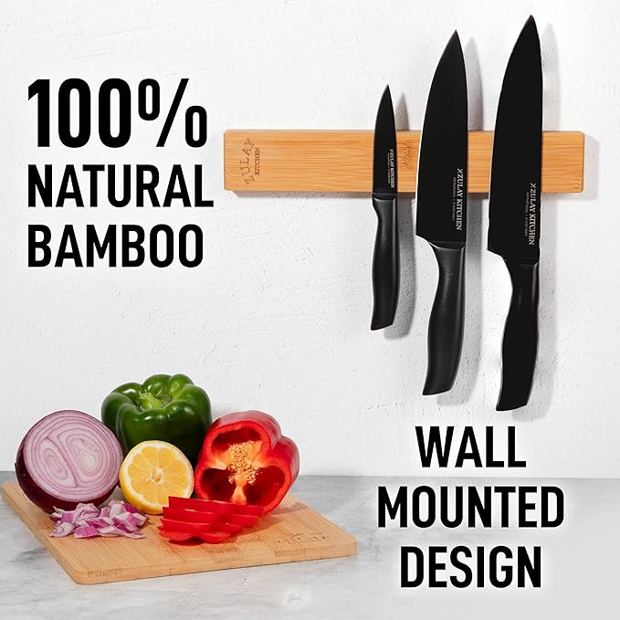 Zulay 11.75" Seamless Bamboo Wood Magnetic Knife Holder - Wooden Magnetic Knife Strip for Organizing your Kitchen - Elegant & Multifunctional Magnet Holder for Wall with Easy Installation