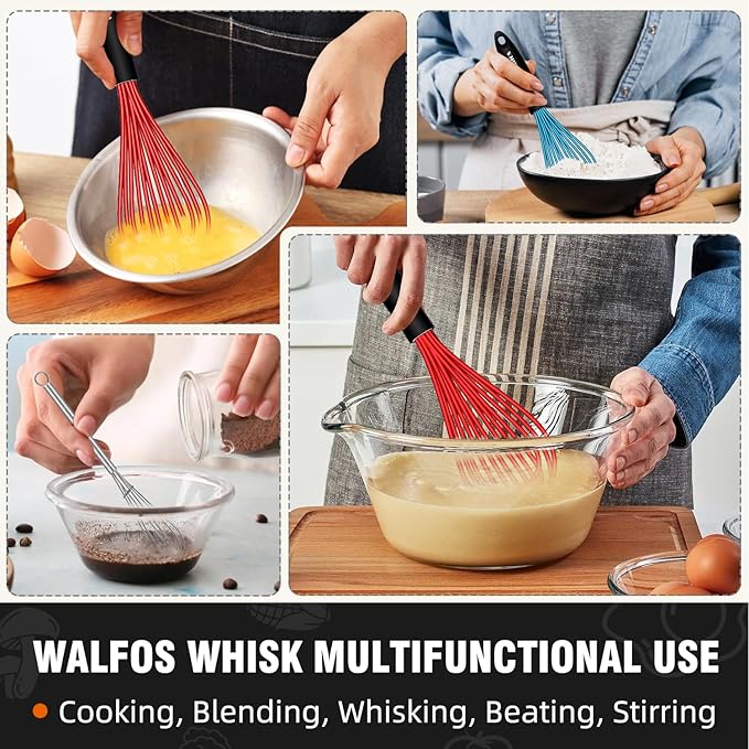 Walfos Silicone Whisk, Sturdy Stainless Steel Wire Kitchen Whisks, Heat Resistant up to 480℉ Whisk For Cooking Non Scratch, Multicolor 5+7+9+11in Whisks & 5+7in Mini Wisk, Great for home baking.