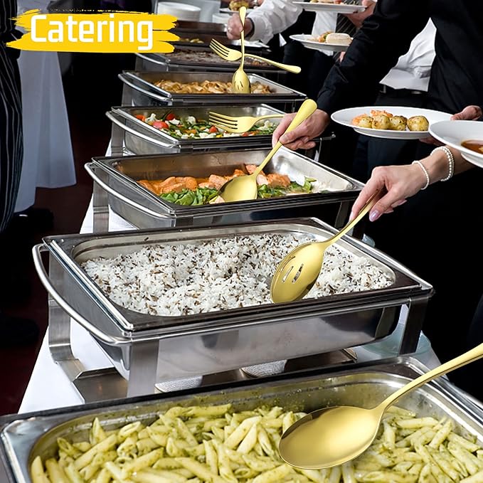 Large Gold Serving Utensils Set of 12, E-far Stainless Steel 9.8 Inch Serving Spoons Slotted Spoon, 9.9 Inch Forks, 9.4 Inch Tong for Buffet Catering, Mirror Finish & Dishwasher Safe