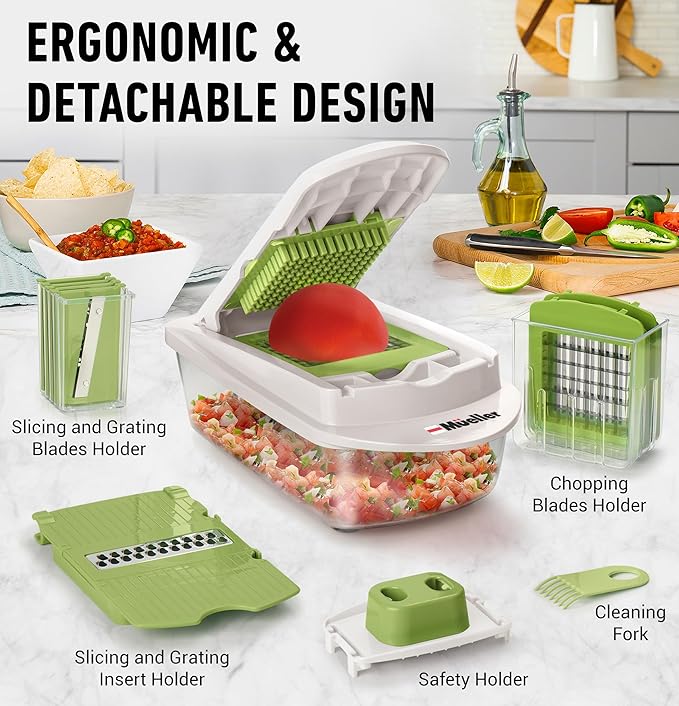 Mueller Pro-Series 10-in-1, 8 Blade Vegetable Chopper, Onion Mincer, Cutter, Dicer, Egg Slicer with Container, French Fry Cutter Potato Slicer, Home Essentials, Salad Chopper White Sand/Green