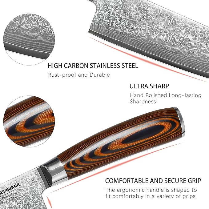Damascus Chef Knife 8'' Professional 67-Layer VG10 Steel Core with Pakka Wood Handle, Ultra Sharp HRC 62 Kitchen Knife for Chopping Cutting Carving Gift Box for Kitchen Restaurant