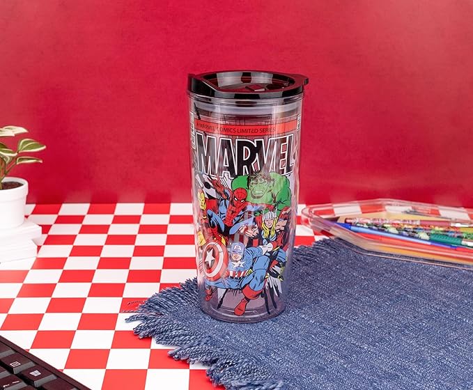 Silver Buffalo Marvel Avengers Featuring Spider-Man, Captain America, Thor, Hulk, and Iron Man Double Wall Travel Tumbler with Slide Close Lid, 20 Ounces