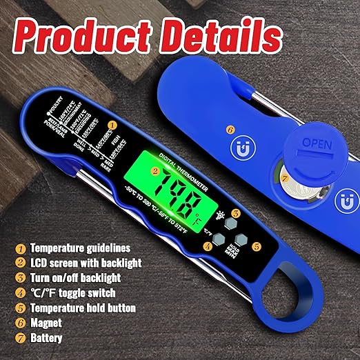 Meat Thermometer Digital, Instant Read Meat Thermometer with Backlight & Magnet for Kitchen, Beef, Grill, Turkey,IP67 Waterproof Cooking Thermometer，Suitable as Stocking Stuffers for Men
