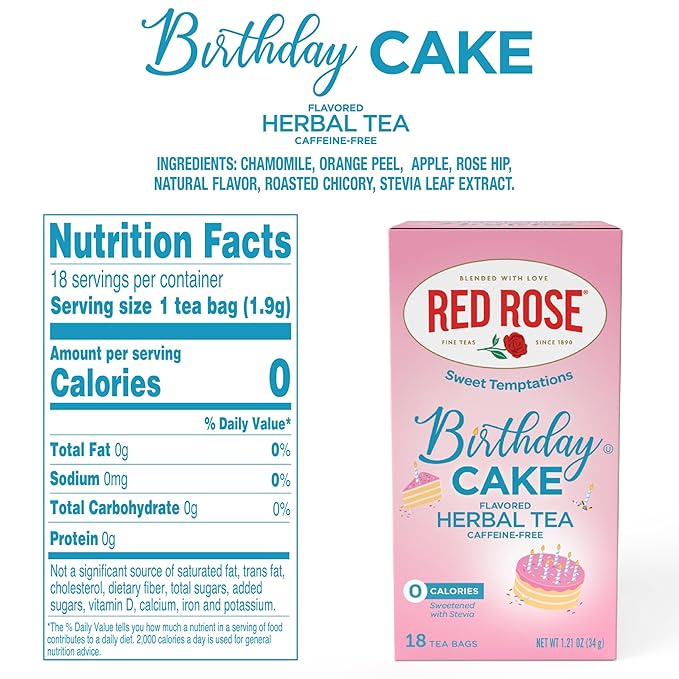 Red Rose Sweet Temptations Dessert Tea Birthday Cake, Zero Carbs, Zero Sugar Bursting with Flavor Caffeine-Free Delicious Beverage Herbal Tea, 18 Individually Wrapped Fruit Naturally Flavored Tea Bags