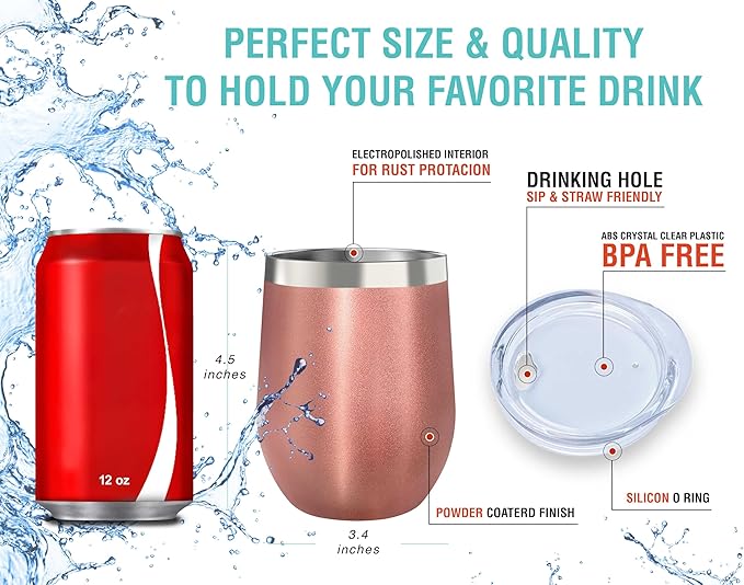 CHILLOUT LIFE 12 oz Stainless Steel Wine Tumbler with Lid - Double Wall Vacuum Insulated Wine Cup Glass Keeping Cold & Hot for Coffee, Champagne, Cocktails, Ice Cream - Rose Gold