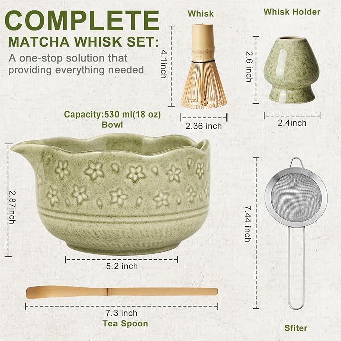 5Pcs Matcha Whisk Set, 18OZ Bowl With Spout, Japanese Ceremony Matcha Whisks Kit, 100% Natural Bamboo Whisk, Ceramic Whisk Holder (Green), Stainless Sifter, Tea Scoop, Gift for Matcha Lovers Beginner
