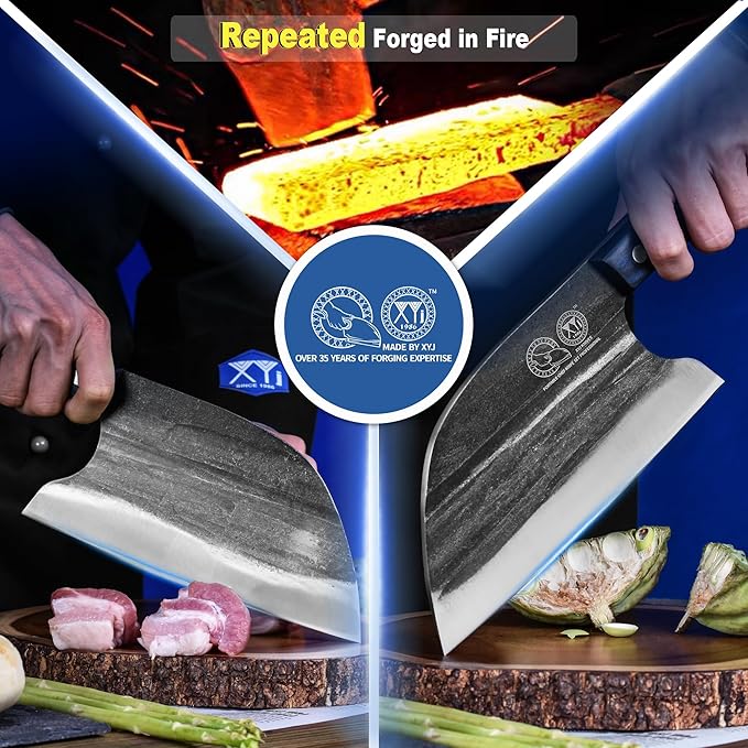 XYJ Authentic Since 1986,Ancient Forged Butcher Knives,Serbian Chef Knife With Sheath,Tiny Knife,Chinese Vegetable Meat Cleaver For Kitchen Camping Outdoor,Full Tang,High Carbon Steel (8 inch)
