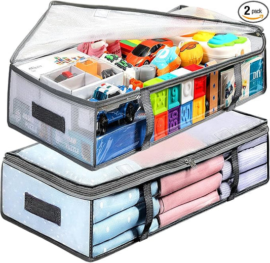 LANDNEOO 2 Pack Under Bed Storage Containers Bins, Humid-Proof Plastic Underbed Storage Bins, Clothes Storage and Organization Bags, Under the Bed Blanket Storage with Handles for Clothes, 35L